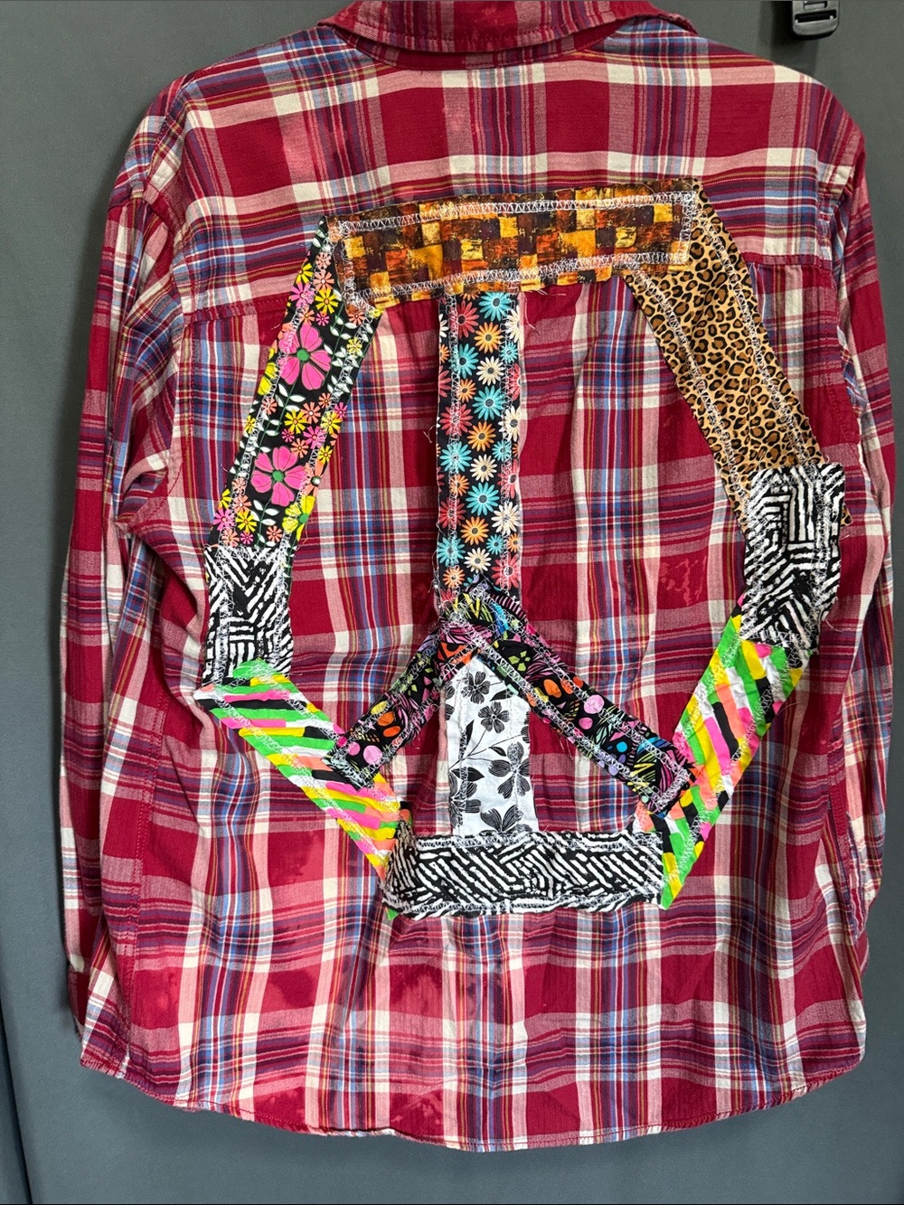 Upcycled Red Plaid Flannel Shirt with Patchwork Peace Sign